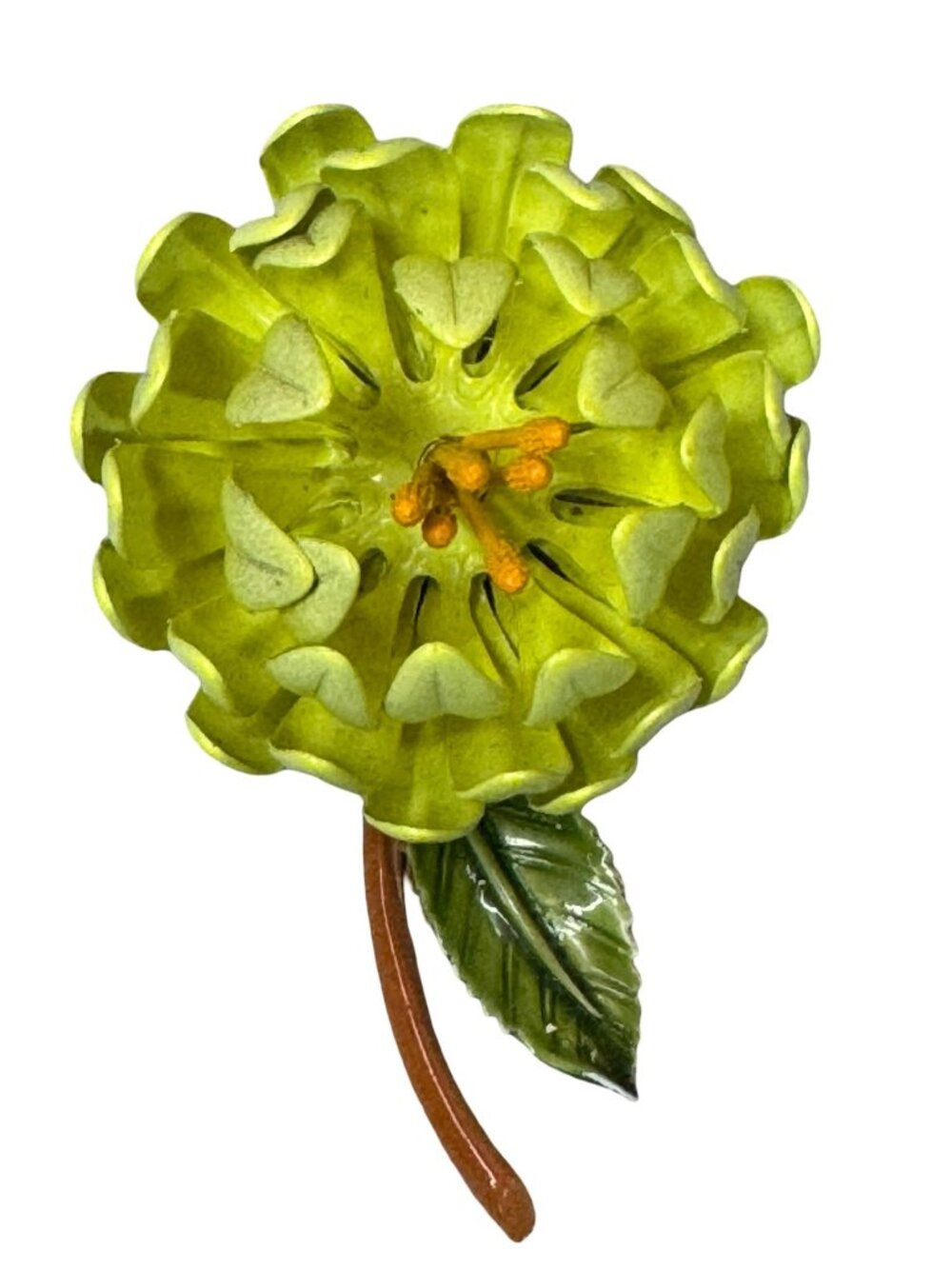 Vintage Yellow Lime Green Chrysanthemum Flower Brooch 3" Enamel Floral Pin